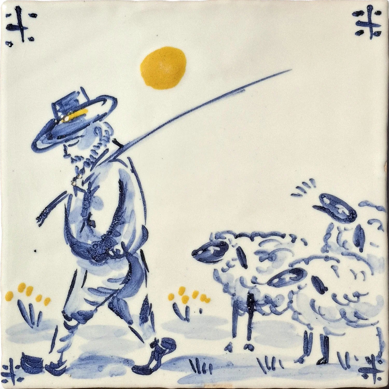 Farmer and sheep under a yellow sun