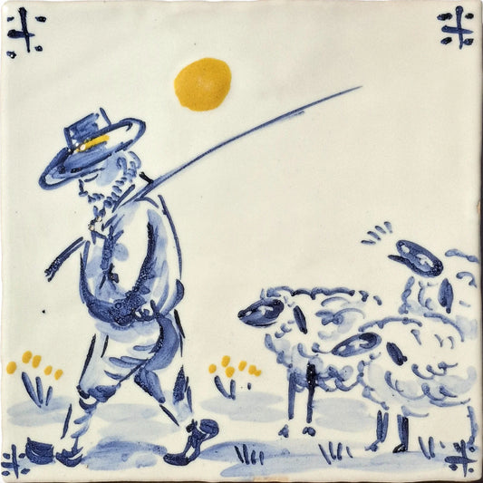 Farmer and sheep under a yellow sun