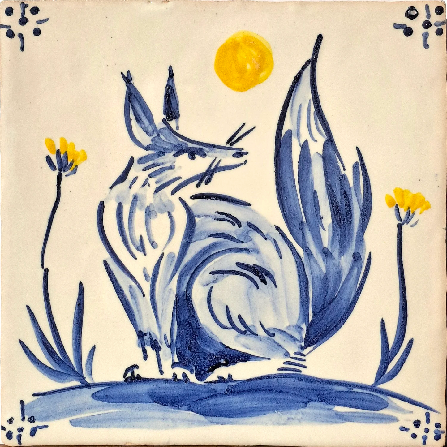 Fox and yellow flowers and sun
