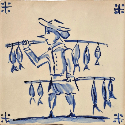 Fishmonger holding fish on a stick
