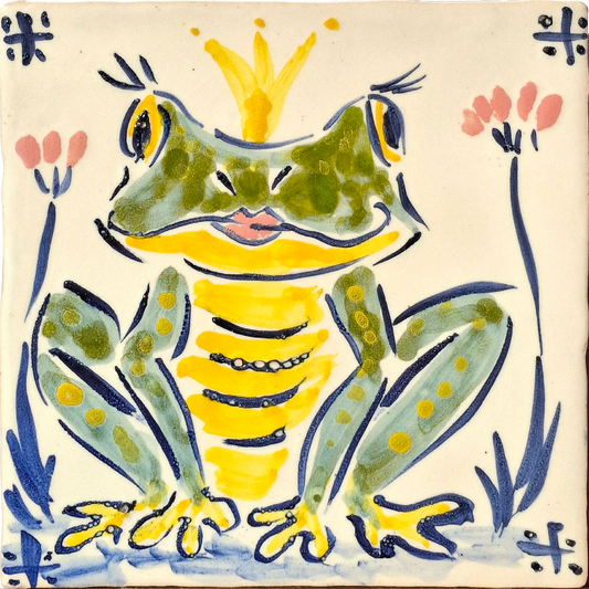 Frog wearing a crown and pink flowers 