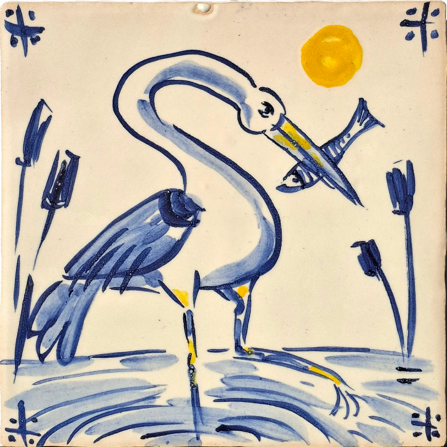 Blue heron, yellow sun and plants