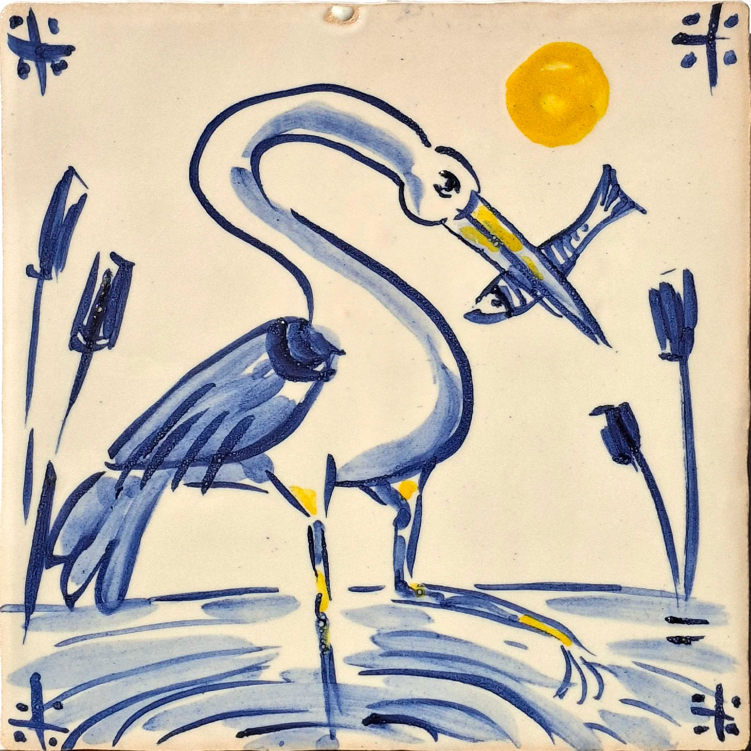Blue heron, yellow sun and plants