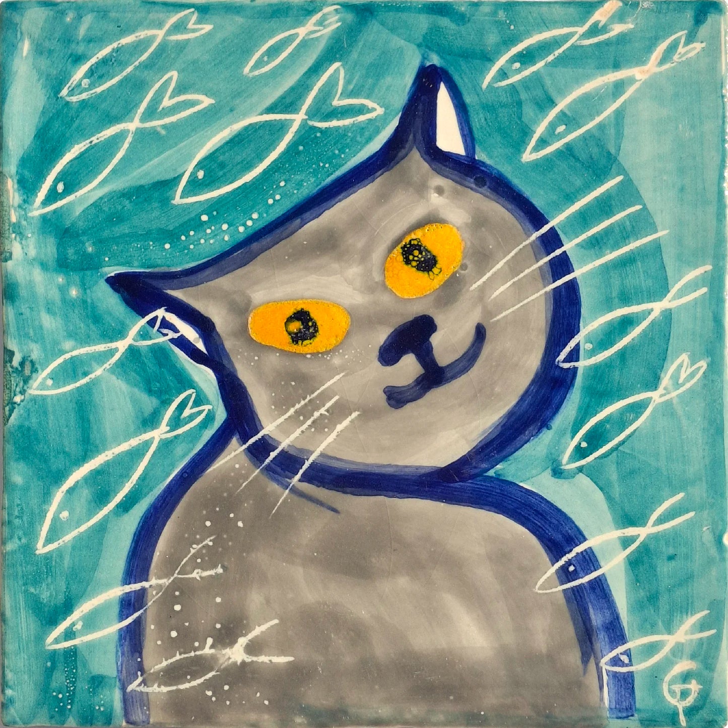 Cat with fishes around on blue background